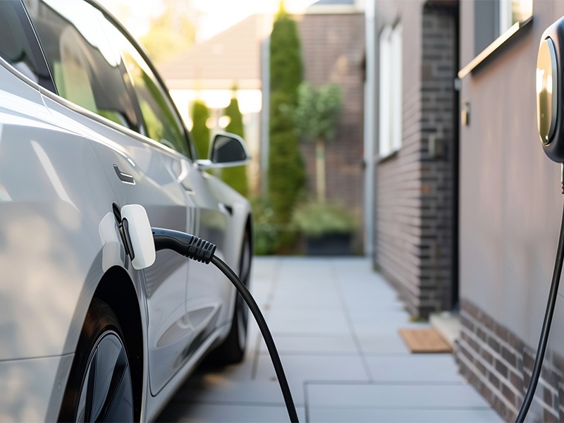 Ein modernes Elektroauto lädt an einer Wallbox.