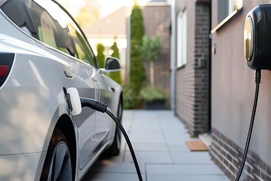 Ein modernes Elektroauto lädt an einer Wallbox.